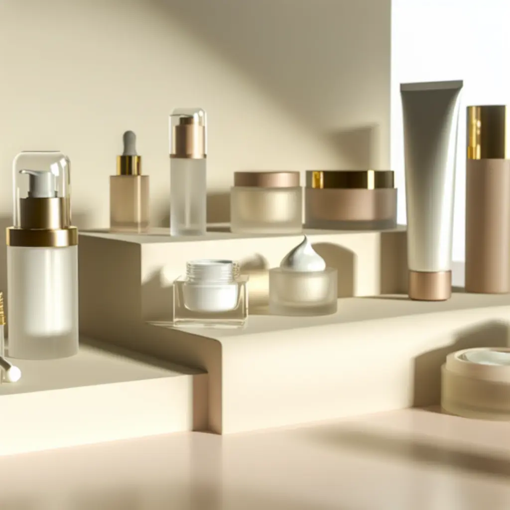 Zestaw eleganckich produktów do pielęgnacji skóry ułożonych na jasnym tle