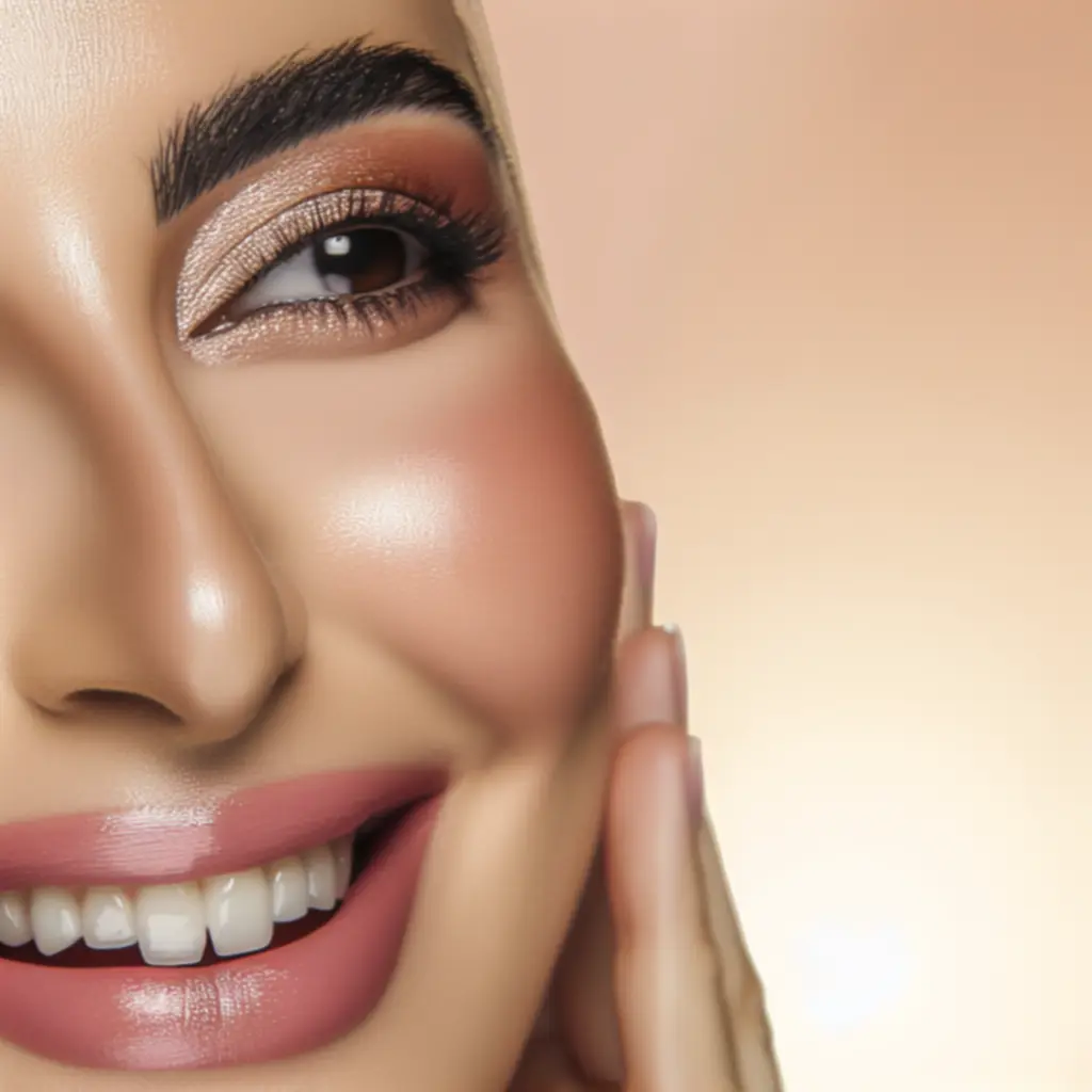 Rozświetlający makijaż glow na beżowym tle
