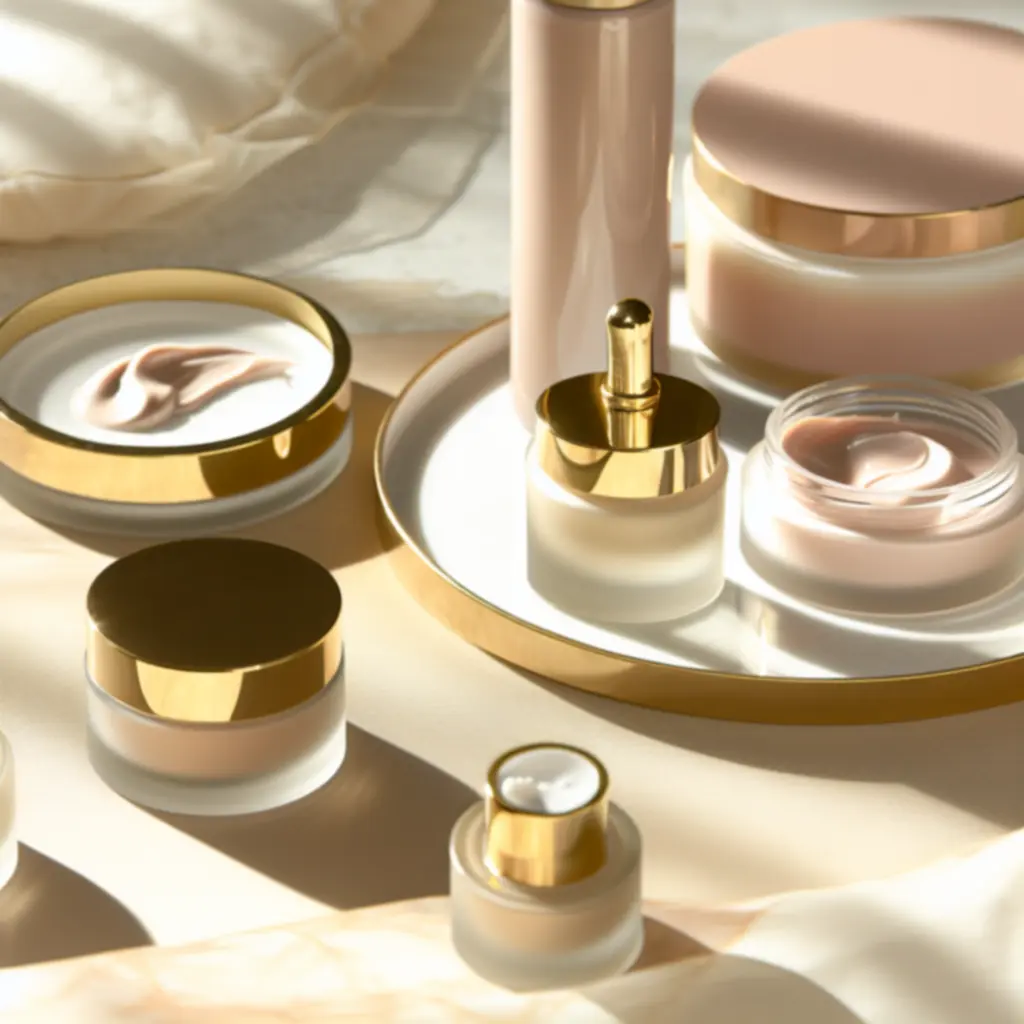 Elegancka kompozycja luksusowych kosmetyków do pielęgnacji skóry w miękkim świetle.