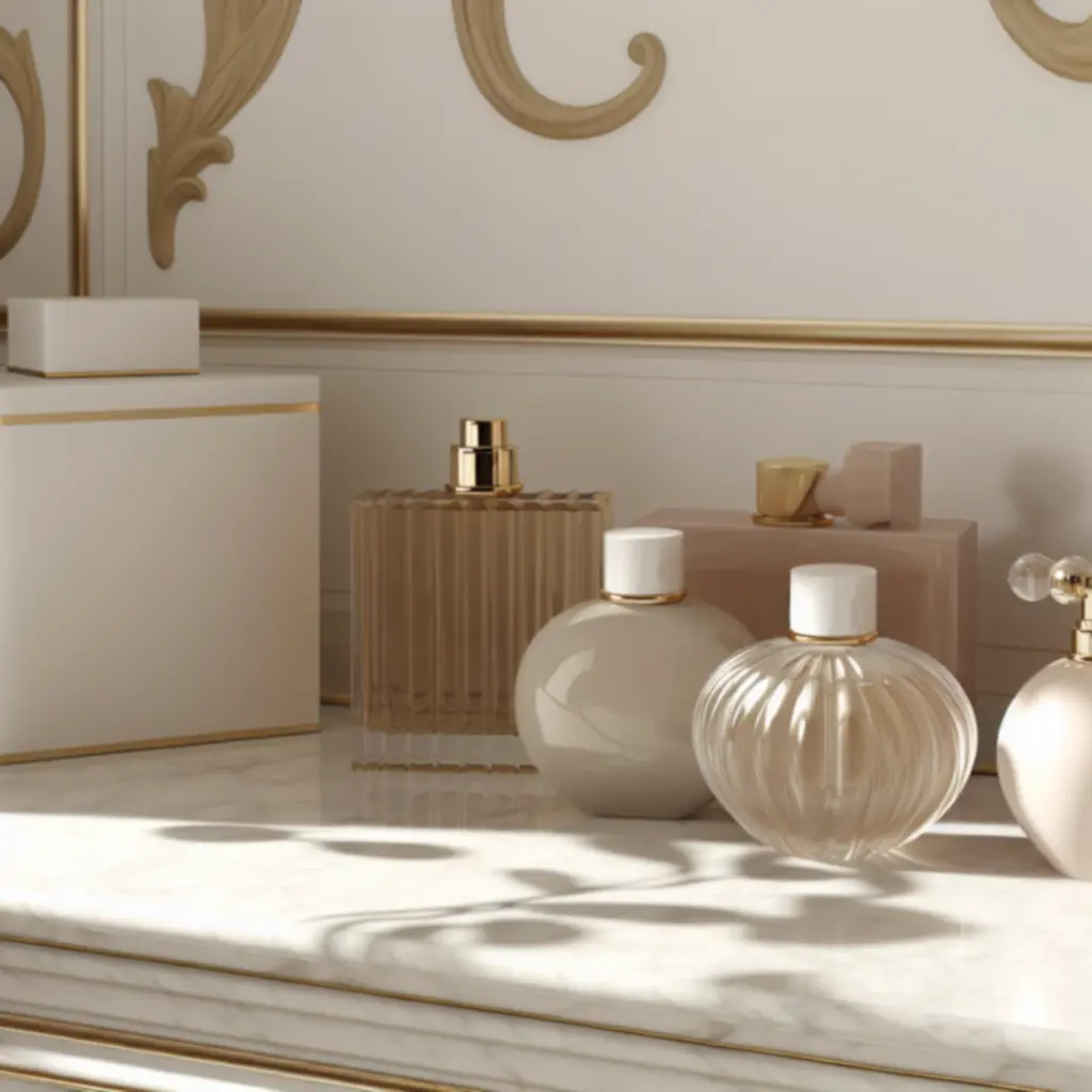 Eleganckie flakony perfum na subtelnym, luksusowym tle