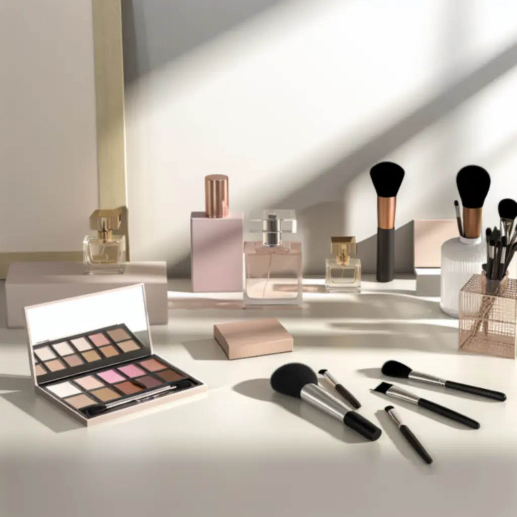 Sezonowa kompozycja makijażu i perfum w eleganckiej aranżacji